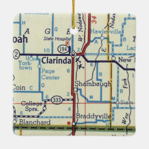 Ornamento De Cerâmica Mapa Clarinda IA Vintage