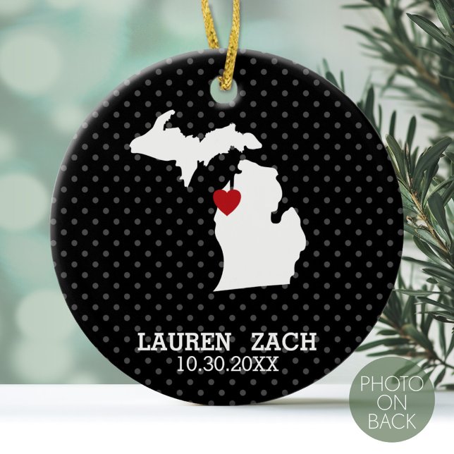 Ornamento De Cerâmica Mapa da Cidade do Estado de Michigan - Casamento P (Personalized Photo Ornament)