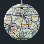 Ornamento De Cerâmica Mapa da Vintagem do Burlington WI<br><div class="desc">Enfeites de natal Burlington WI feito com mapa de safra.</div>
