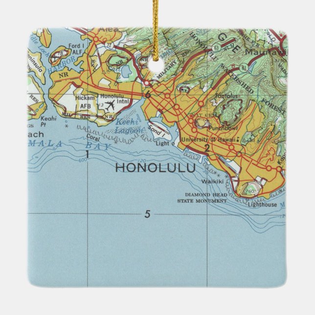 Ornamento De Cerâmica Mapa da Vintagem Honolulu (Verso)
