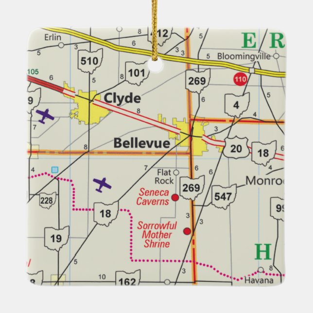 Ornamento De Cerâmica Mapa de Bellevue Ohio Road (Verso)