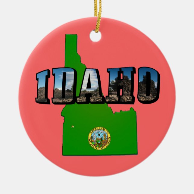 Ornamento De Cerâmica Mapa de Idaho, Selo e Texto de Imagem (Frente)