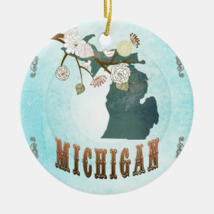 Ornamento De Cerâmica Mapa de Michigan com pássaros bonitos