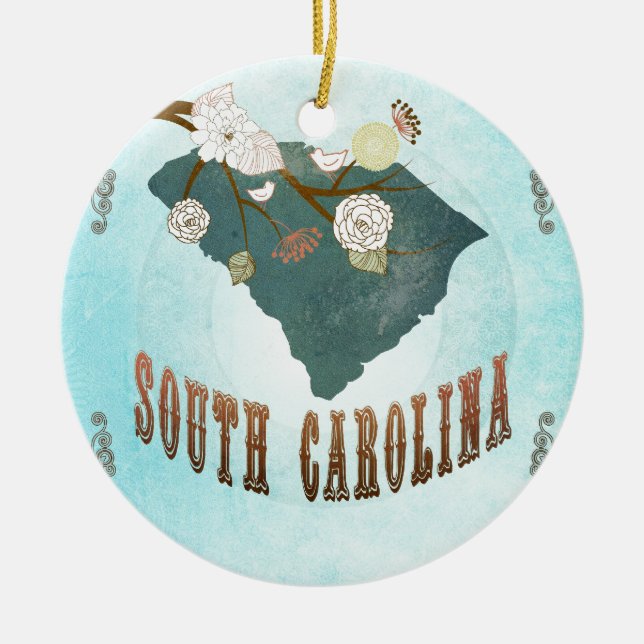 Ornamento De Cerâmica Mapa de South Carolina com pássaros bonitos (Frente)
