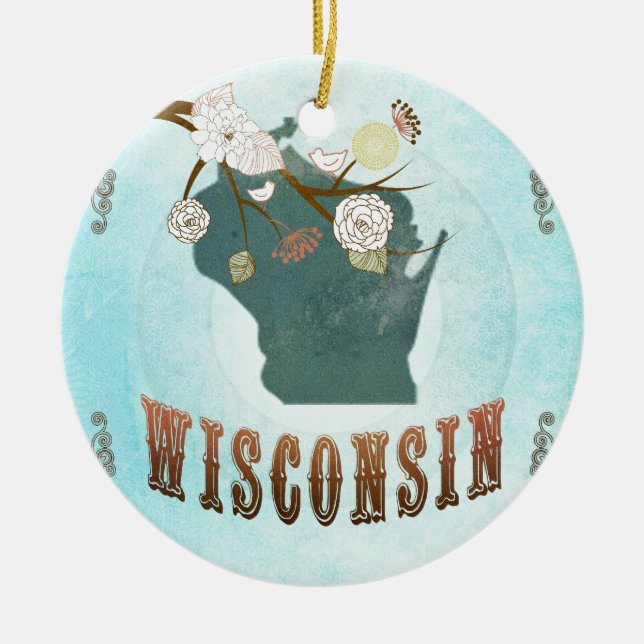 Ornamento De Cerâmica Mapa de Wisconsin com pássaros bonitos (Frente)