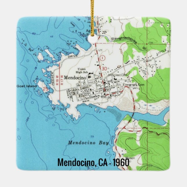 Ornamento De Cerâmica Mapa do Mendocino CA 1960 (Verso)