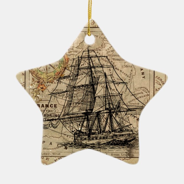 Ornamento De Cerâmica Mapa e navio antigo do General France (Frente)