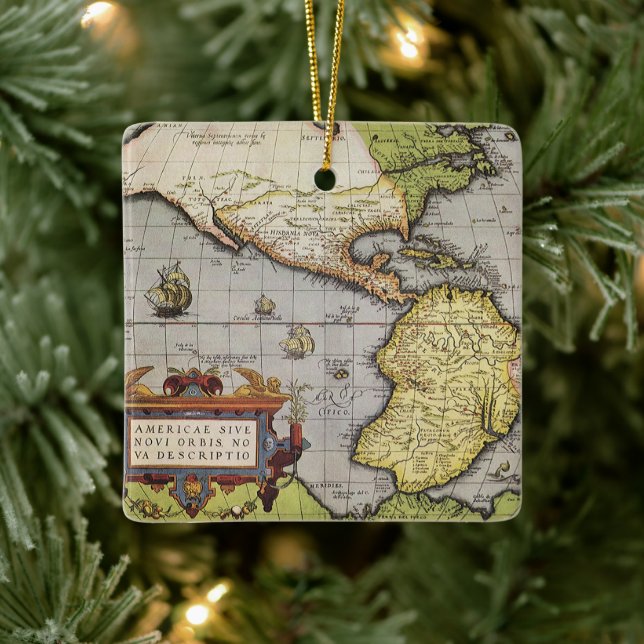 Ornamento De Cerâmica Mapa Mundial Antiquado das Américas, 1570 (Árvore)
