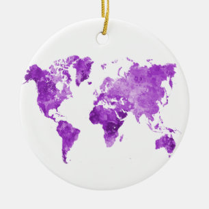 Ornamento De Cerâmica Mapa mundial em aquarela 08 Roxo