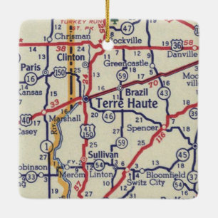 Ornamento De Cerâmica Mapa Terre Haute IN Vintage