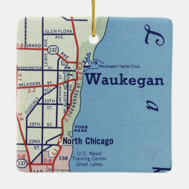 Ornamento De Cerâmica Mapa Vintage de Waukegan (Verso)