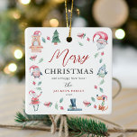 Ornamento De Cerâmica Marcha de Natal Personalizada<br><div class="desc">Enfeites de natal personalizado de aquarela fofa. Design apresenta imagens festivas de cores aquáticas bonitas que enquadram um elegante modelo de Natal Feliz,  nome da família e ano.</div>