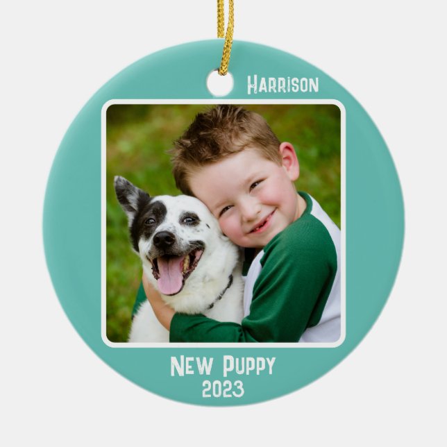 Ornamento De Cerâmica Marco ou Evento de Teal Personalizado de 2 Fotogra (Frente)