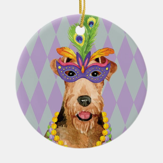 Ornamento De Cerâmica Mardi Gras Airedale (Frente)