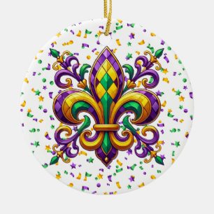 Ornamento De Cerâmica Mardi Gras fleur de lis, verde-púrpura