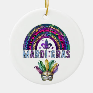 Ornamento De Cerâmica Mardi Gras Rainbow e Mask Cerâmica Ornament