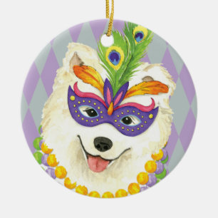 Ornamento De Cerâmica Mardi Gras Samoyed