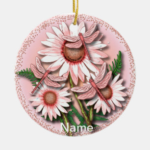 Ornamento De Cerâmica Margaridas Rosa Libélula