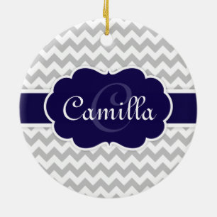 Ornamento De Cerâmica Marinho Azul Monograma Cinza Padrão de Cevon
