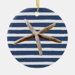 Ornamento De Cerâmica Marinho Blue e White Stripes Starfish