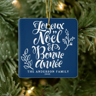 Ornamento De Cerâmica Marinho Blue Joyeux Noël e Bonne Année Calliograph