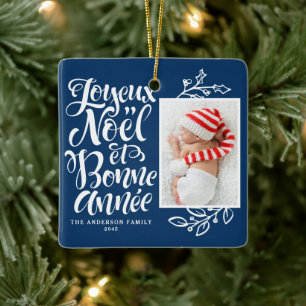 Ornamento De Cerâmica Marinho Blue Joyeux Noël e Bonne Année Photo
