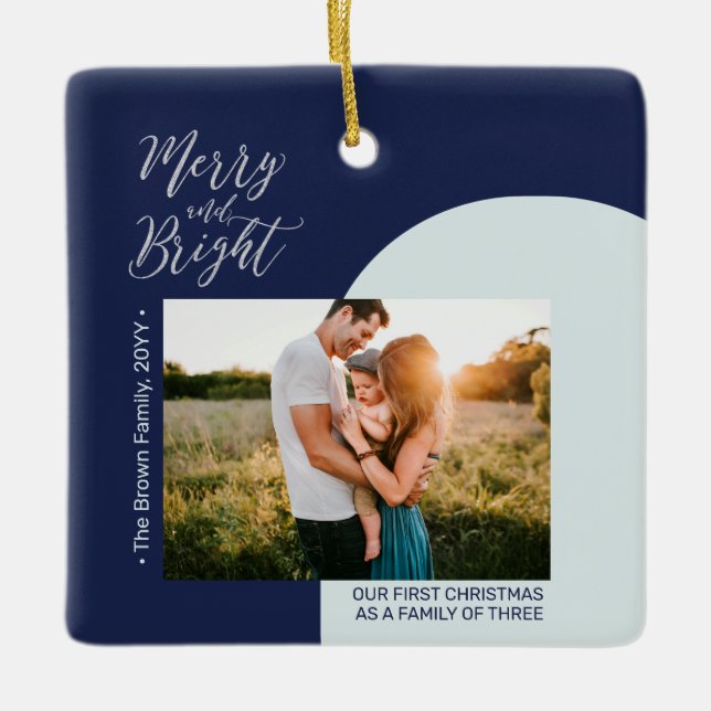 Ornamento De Cerâmica Marinho Blue & Silver Modern Photo Family (Frente)