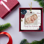 Ornamento De Cerâmica Marinho Borgonha Rosa Rosa Floral Bebê - Estatuage<br><div class="desc">Novo Enfeites de natal de fotografia de natalidade. O design apresenta duas fotos, uma na frente e outra atrás. Mostre a foto do seu novo bebê. A data de nascimento é mostrada ao longo do lado e o nome do bebê e os números de nascimento ao longo do fundo. Lindos...</div>