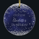 Ornamento De Cerâmica Marinho de aniversário reluz azul prata cintilante<br><div class="desc">Um ornamento para um aniversário de 21 ruas (ou qualquer idade) feminino e glamouroso. Um fundo azul marinho com falso brilho prateado,  brilha. A cor azul é irregular. Na frente: Personalize e adicione uma data,  um nome e uma idade. Aniversário feliz e nomes de amigos.</div>