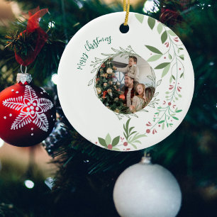 Ornamento De Cerâmica Marinho de Foto Botânica de Natal Holly