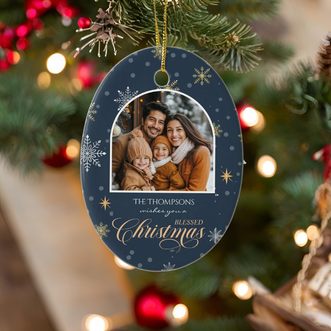 Ornamento De Cerâmica Marinho de Fotografia com Flocos de Neve Modernos  (Criador carregado)