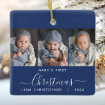 Ornamento De Cerâmica Marinho de Natal Azul 3 - Script de Fotografia de<br><div class="desc">Ajudem-nos a comemorar o primeiro Natal do seu neto com este belo ornamento moderno do keepsasasaame. O texto branco lê "O primeiro Natal do bebê", com a palavra "Natal" em um roteiro elegante, com florescimento antes e depois em um fundo azul marinho. Substitua as três imagens de exemplo por suas...</div>