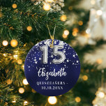 Ornamento De Cerâmica Marinho de Quinceanera estrelas de prata azul<br><div class="desc">Uma cor azul de fundo marinho com estrelas de falso prata. A cor azul é irregular. Adicionar s,  texto/data</div>