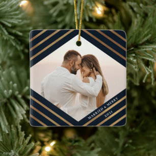 Ornamento De Cerâmica Marinho Diamond 2 Foto casada Feliz Natal