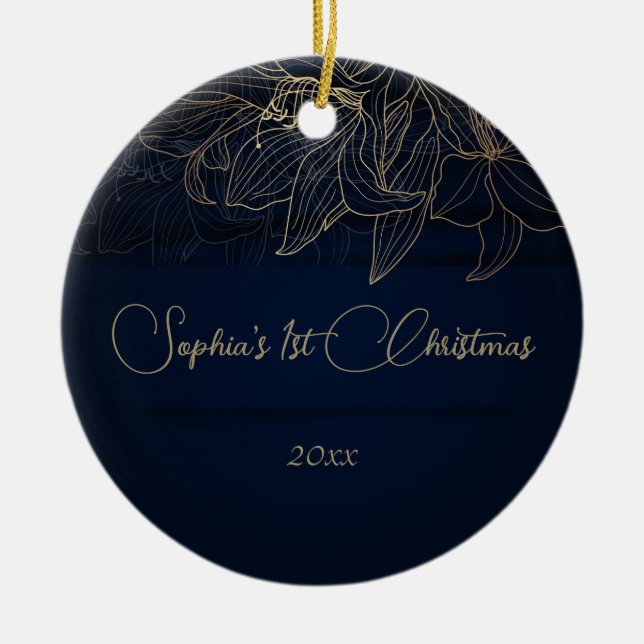 Ornamento De Cerâmica Marinho Elegante Azul Personalizado Primeiro Natal (Frente)
