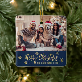 Ornamento De Cerâmica Marinho Elegante Snowflake e Natal Dourado