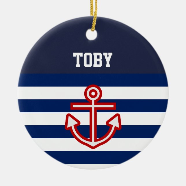 Ornamento De Cerâmica Marinho Náutico Personalizado - Linhas brancas (Frente)