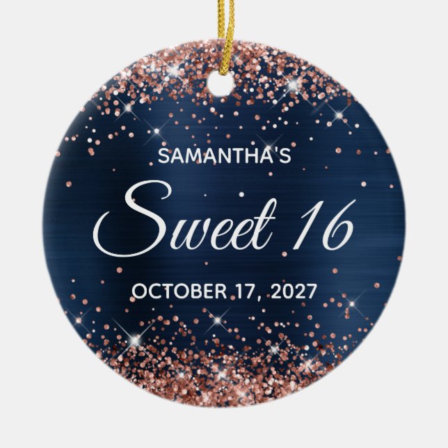 Ornamento De Cerâmica Marinho rosa Dourado Brilhante Azul Folha Doce 16  (Frente)