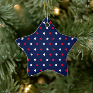 Ornamento De Cerâmica Marinho vermelho patriótico estrelas azuis Natal