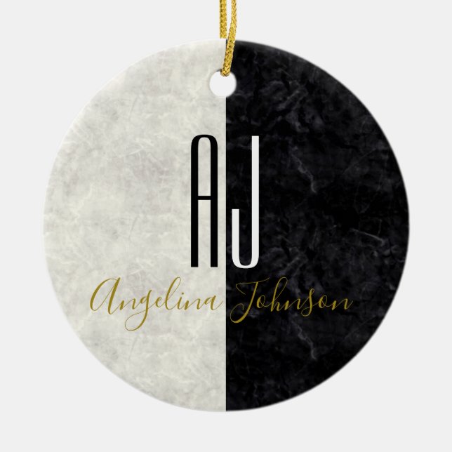 Ornamento De Cerâmica Mármaco preto e branco monograma (Frente)