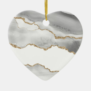 Ornamento De Cerâmica Mármore Branco Cinza Ágata Brilho Dourado Refinado