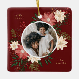 Ornamento De Cerâmica Maroon Round Photo Floral Kids Natal