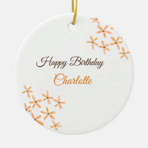 Ornamento De Cerâmica Marrom-alaranjado feliz aniversário adicione nome 