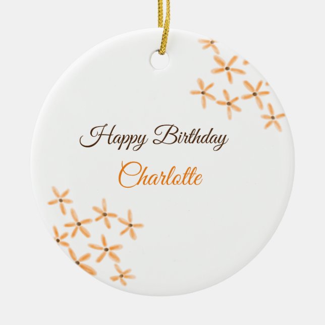 Ornamento De Cerâmica Marrom-alaranjado feliz aniversário adicione nome  (Frente)