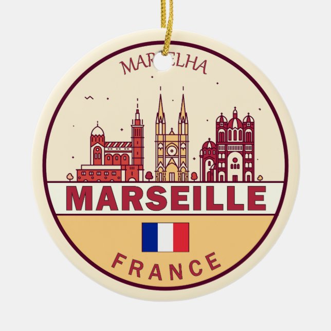Ornamento De Cerâmica Marselha França City Skyline Emblem (Frente)