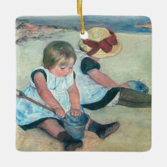 Ornamento De Cerâmica Mary Cassatt - Crianças Brincando na Praia (Frente)