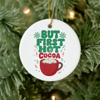 Ornamento De Cerâmica Mas Primeiro Chocolate Quente Natal Marshmallow Na
