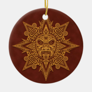 Ornamento De Cerâmica Máscara asteca de Sun - vermelho dourado