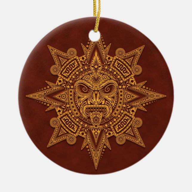 Ornamento De Cerâmica Máscara asteca de Sun - vermelho dourado (Frente)