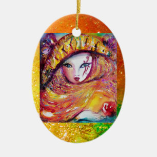 ORNAMENTO DE CERÂMICA MÁSCARA CARNIVAL NO AMARELO DOURADO COM ROSA VERME